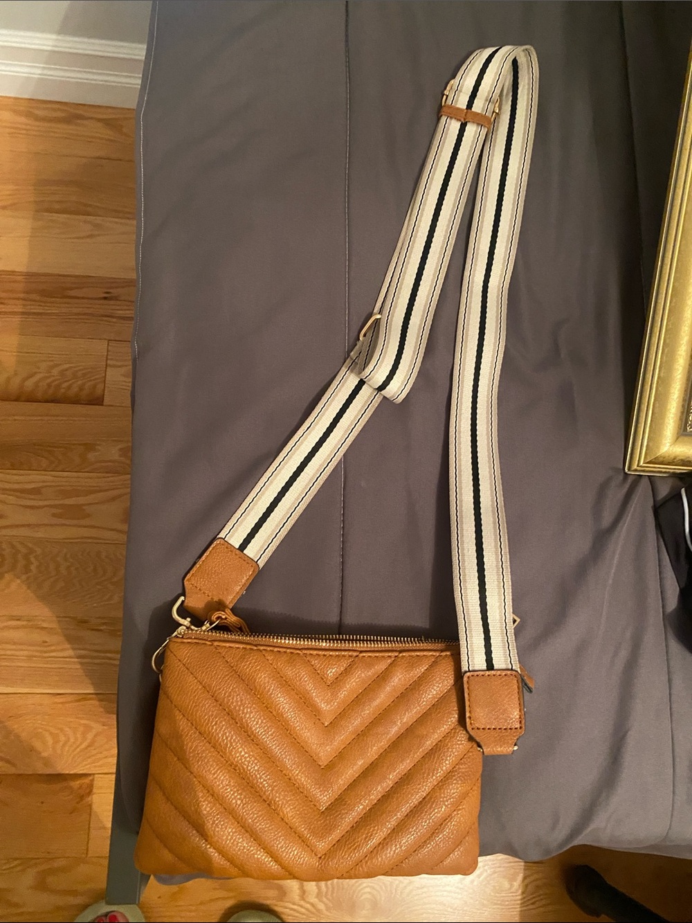 Tan Quilted Crossbody Bag with Striped Adjustable Strap